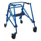 Klip gait trainer with seat in blue, the color of the medium and large sizes, with 5" front wheels