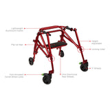 Circle Specialty diagram of the Klip with seat: flip-up seat, height adjustable legs, locking collar, foot-activated swivel wheel lock and one-directional rear wheels