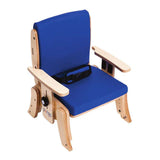 Circle Specialty Pango pediatric activity chair: blue cushioned seat and back on a wood frame, with the padded pelvic belt