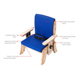 Circle Specialty diagram of the Pango: angle adjustable back, padded pelvic belt, height adjustable armrest, cushioned seat and back, height and depth adjustable seat, and seat to floor angle adjustment