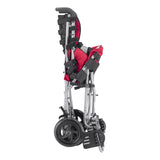 Strive adaptive stroller in red, folded flat and standing on its rear wheels