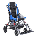 Strive in blue with three add-ons fitted: the padded winged headrest, the red bus transit tie-downs and the basket