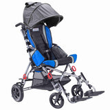 Strive in blue with the canopy add-on raised and the red bus transit tie-downs fitted