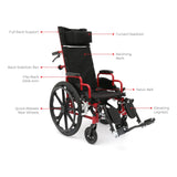 Circle Specialty diagram of the Ziggo Pro: full back support, curved headrest, reclining back, back stabilizer bar, flip-back desk arm, pelvic belt, quick-release rear wheels and elevating legrests