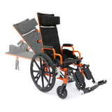An orange Ziggo Pro with the range of the back recline drawn behind it