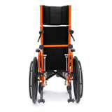 The back of an orange Ziggo Pro, showing the headrest, the push handles and the back stabilizer bar