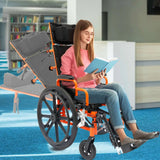 A girl reading in an orange Ziggo Pro with the back partly reclined