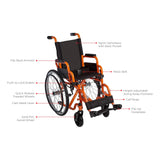 Circle Specialty diagram of the Ziggo: nylon upholstery with back pocket, flip-back armrest, pelvic belt, push-to-lock brakes, quick-release treaded wheels, curb assist lever, height-adjustable swing-away footrests, calf strap, flip-up footplates and solid PVC swivel wheels
