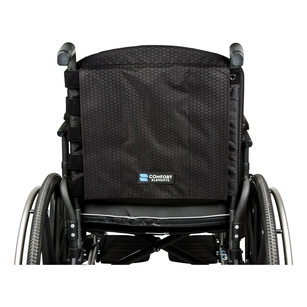 Comfort Elements back support on a wheelchair, from the rear, with its privacy flap