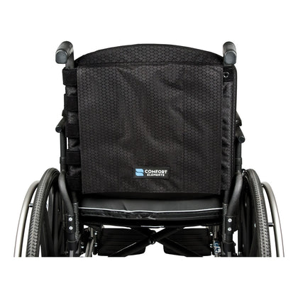 Comfort Elements back support on a wheelchair, from the rear, with its privacy flap