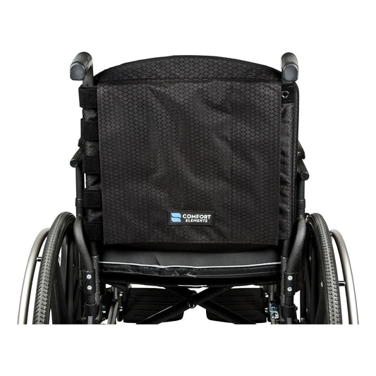 Comfort Elements back support on a wheelchair, from the rear, with its privacy flap