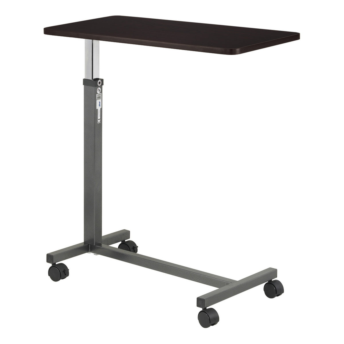 The Drive non-tilt overbed table 13067 with a walnut top on a silver vein H base