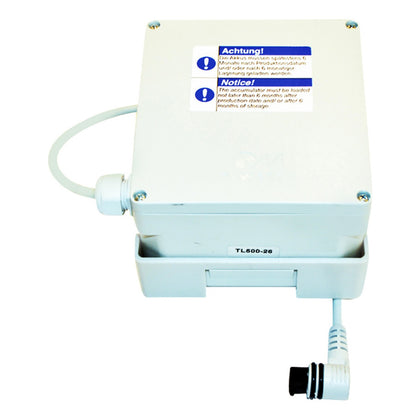 The Drive P703 battery backup, a white box with its cable and plug
