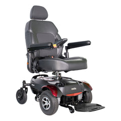 Merits Dualer power wheelchair in Candy Apple Red, three-quarter view from the front right