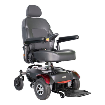 Merits Dualer power wheelchair in Candy Apple Red, three-quarter view from the front right