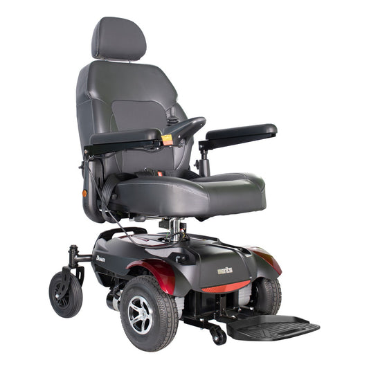 Merits Dualer power wheelchair in Candy Apple Red, three-quarter view from the front right