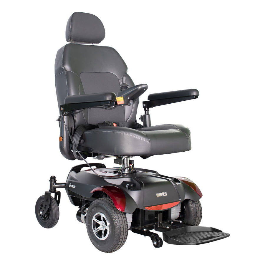Merits Dualer power wheelchair in Candy Apple Red, three-quarter view from the front right