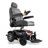 Merits Dualer power wheelchair, three-quarter view showing the joystick and the flip-up armrest