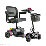 Pride Go Go Elite Traveller 2 4-Wheel mobility scooter with Sugar Plum interchangeable panels, three-quarter view
