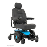 Pride Jazzy EVO 613 power wheelchair in Robin's Egg Blue, three quarter view