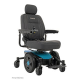 Pride Jazzy EVO 613 power wheelchair in Iceberg Blue, three quarter view
