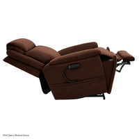 Pride Sitting Pretty Evolution LC-435 in Cosi Mocha, reclined with the armrest storage open