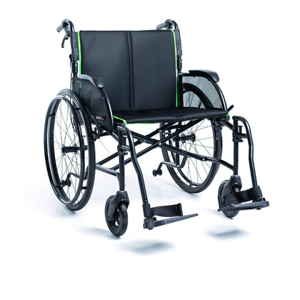 Feather Chair HD folding wheelchair with the 22" seat, in black with green trim