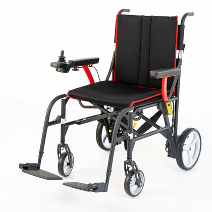 Feather Power Chair folding power wheelchair in black with red trim