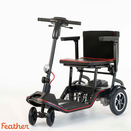 Feather Scooter folding 4-wheel mobility scooter in black with red trim, shown with the optional armrests