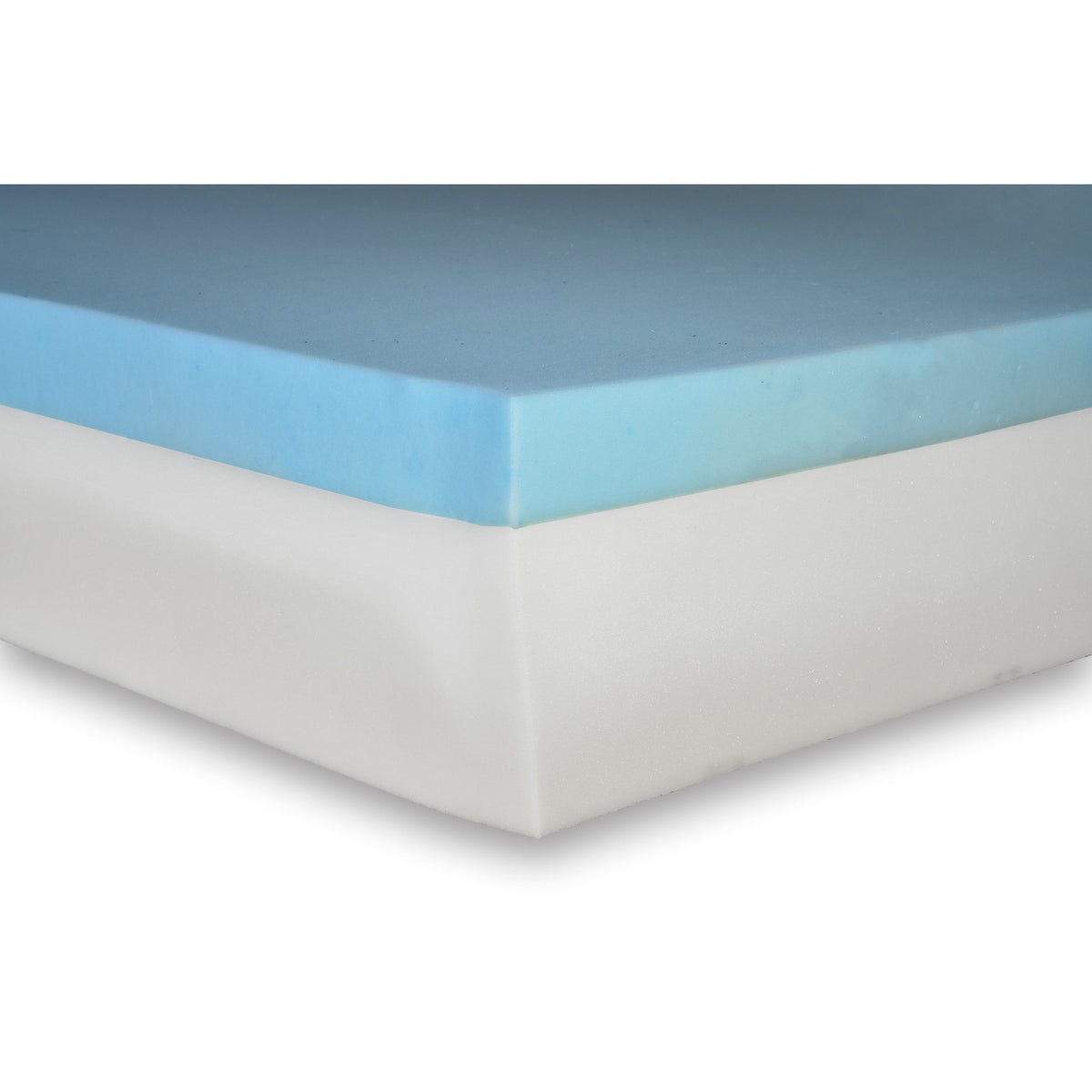 A corner of a Flexabed gel memory foam mattress with the cover off, showing the blue gel-infused foam layer on its foam core