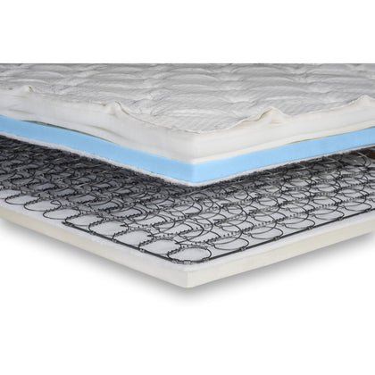 A corner of the Flexabed innerspring and memory foam combo mattress cut away to show the quilted top, the blue memory foam layer and the spring unit