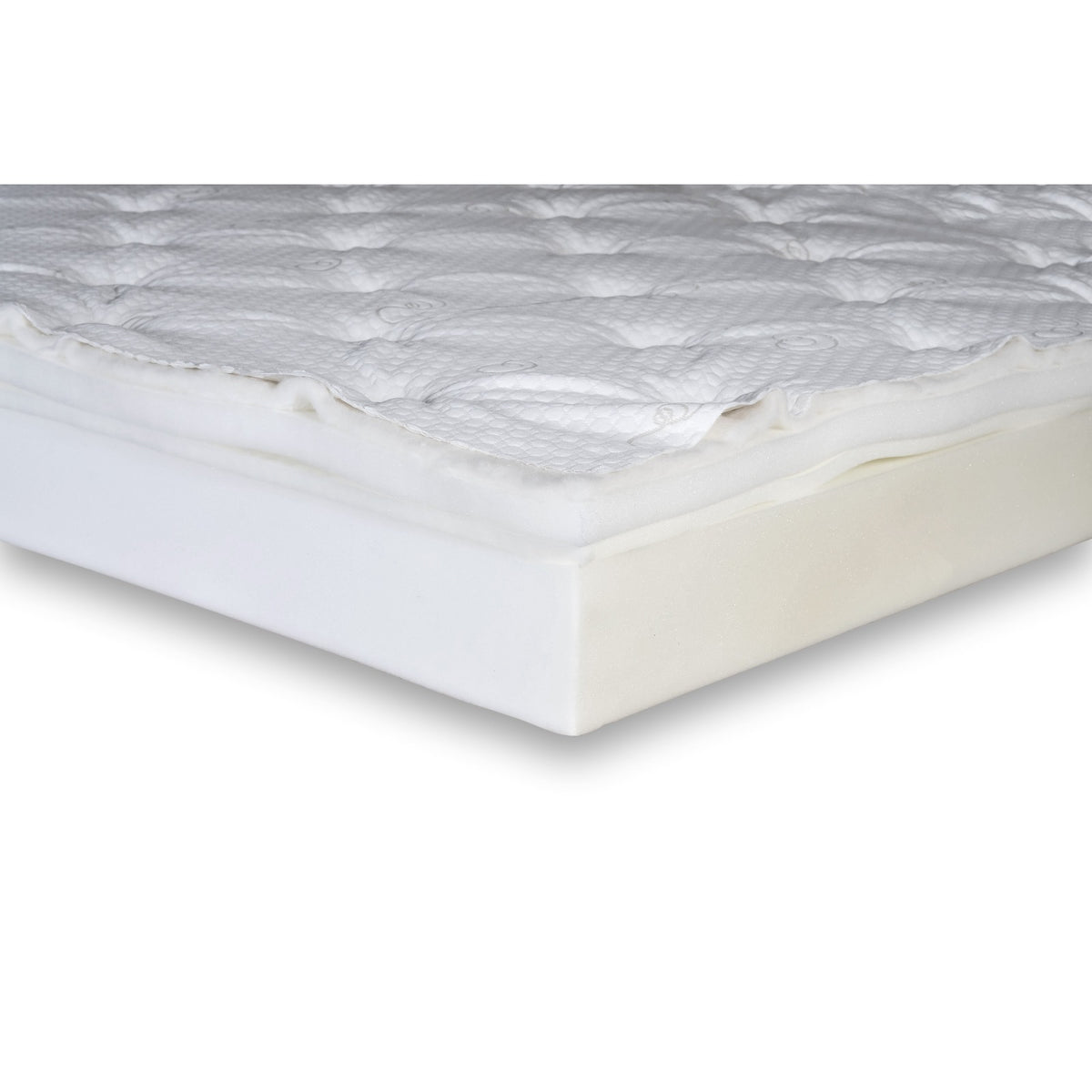 A corner of the Flexabed low profile mattress cut away to show the quilted top over its foam core