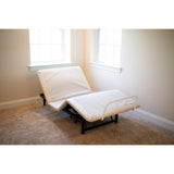 The Flexabed Value-Flex base without a mattress seen from the foot end, with the head and the foot sections raised