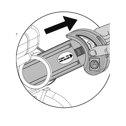 Forcemech Navigator ForceMax lithium battery sliding out of its bay, from Forcemech's Navigator PRO manual
