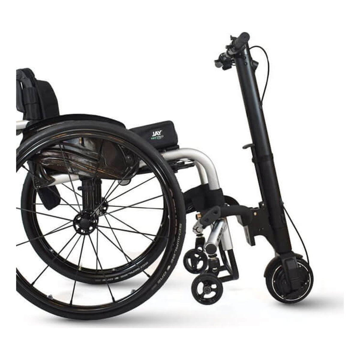 Empulse F35 docked to the front of a black manual wheelchair