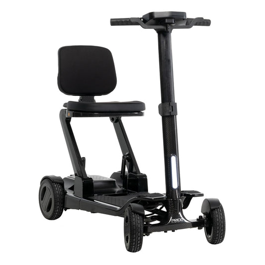 Pride Go Go Carbon mobility scooter in Black, right-facing three-quarter view