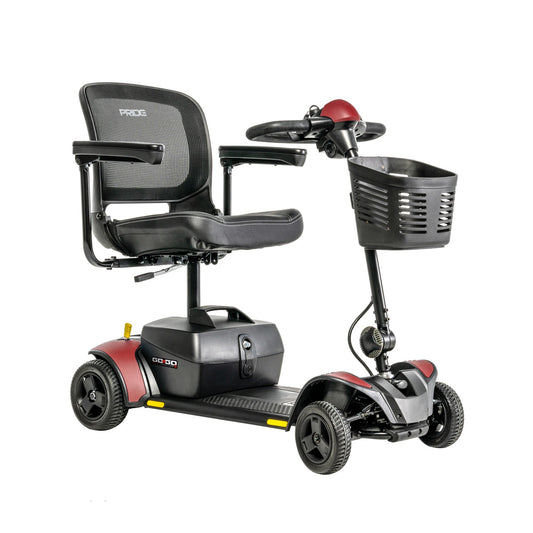 Pride Go Go Elite Traveller 2 4-Wheel mobility scooter in Cardinal Red, right-facing three-quarter view