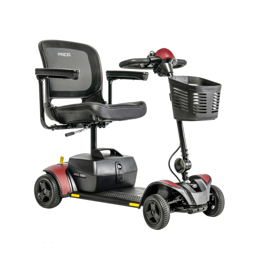Pride Go Go Elite Traveller 2 4-Wheel mobility scooter in Cardinal Red, right-facing three-quarter view