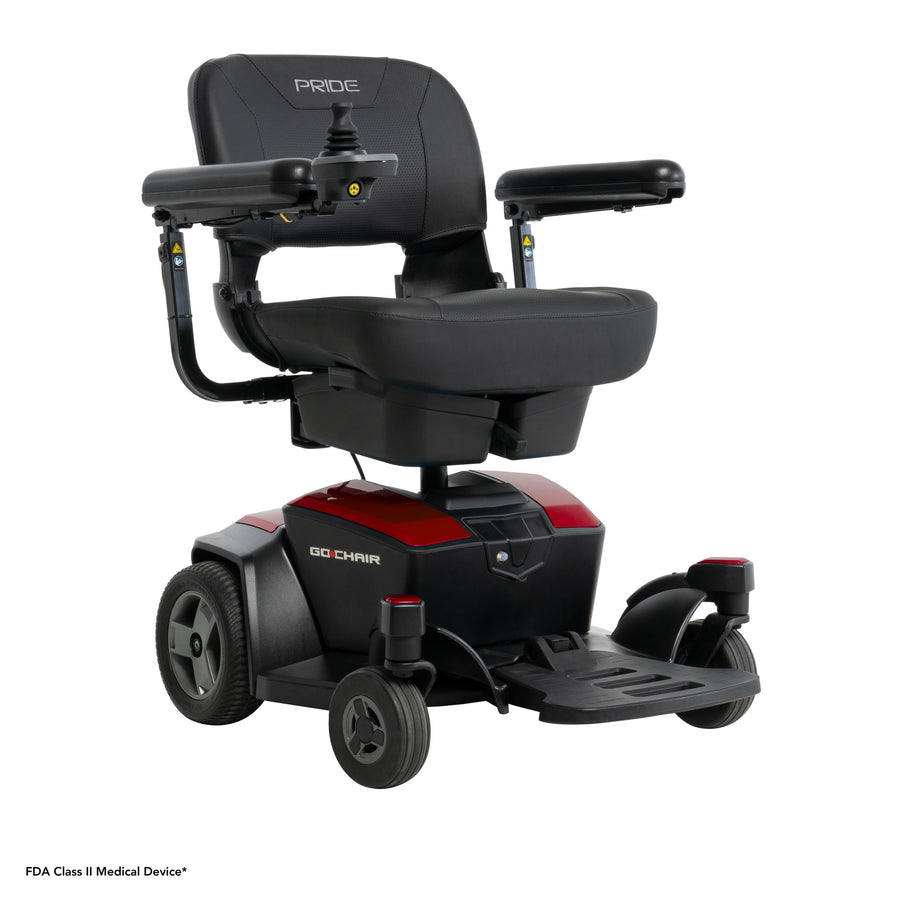 Pride Go Chair power wheelchair in Ruby Red, three-quarter view