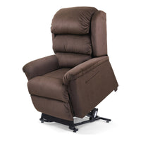 Relaxer in Hazelnut, lifted to help the user stand, three-quarter view from the left