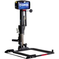 Harmar AL160 Profile scooter lift with the platform lowered, seen at an angle