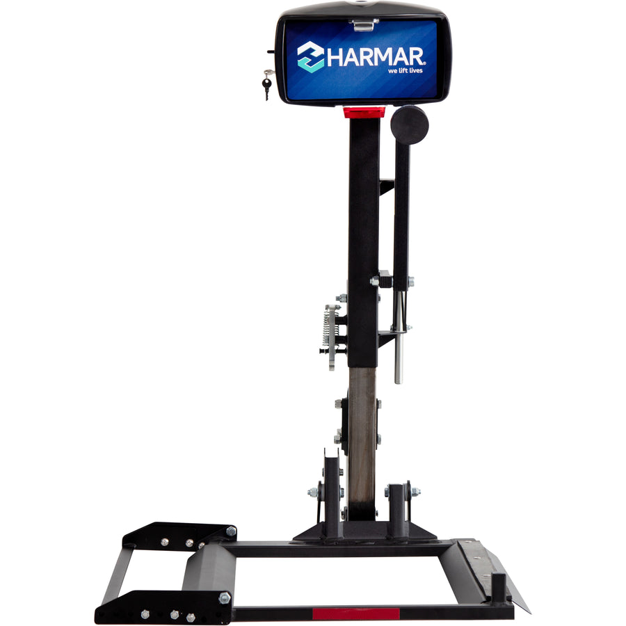 Harmar AL160 Profile scooter lift with the platform lowered, seen from the front
