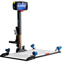 Harmar AL300 Fusion vehicle lift with the platform lowered, seen at an angle