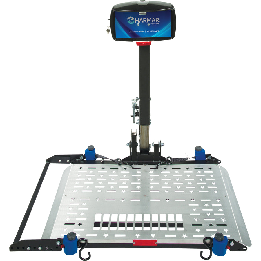 Harmar AL300 Fusion vehicle lift with the platform lowered, seen from the front