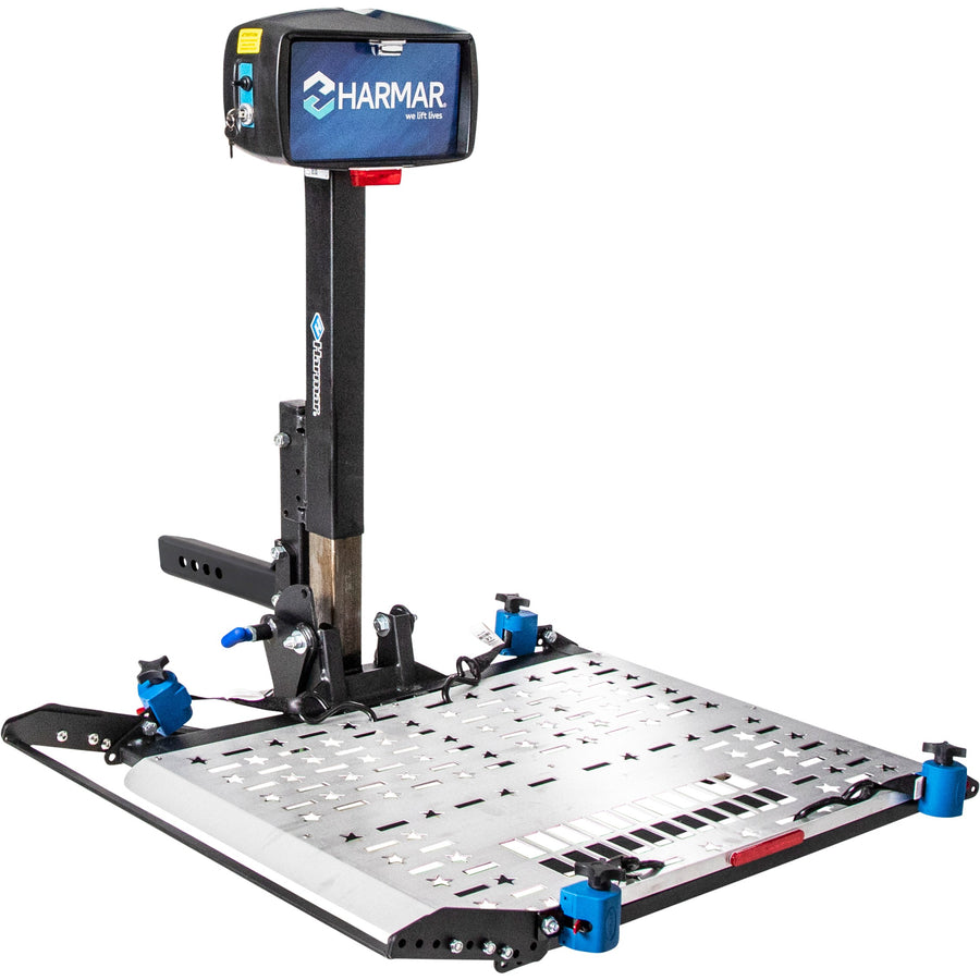 Harmar AL300RV recreational vehicle lift with the platform lowered, three-quarter view