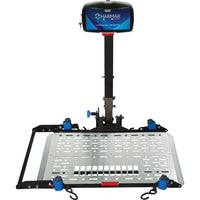 Harmar AL300RV with the platform lowered, front view showing the Q'Straint retractors