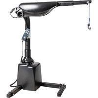 Harmar AL425 inside hoist lift with the boom extended and the lifting straps down
