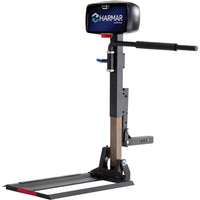 Harmar AL580XL power wheelchair lift with the platform lowered, seen at an angle