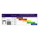 Hoyer Access Sling size chart with the binding color, model number and recommended weight of each size