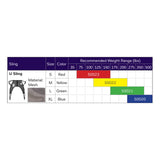 Hoyer Classic Mesh U-Sling size chart with the binding color, model number and recommended weight of each size